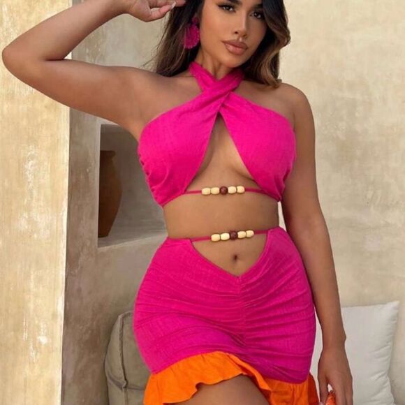 Pink and Orange Beaded Halter Two Piece Skirt Set - Picture 1 of 4